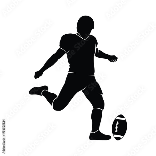 Silhouette of an American football player kicking a ball, dynamic action shot, sports theme