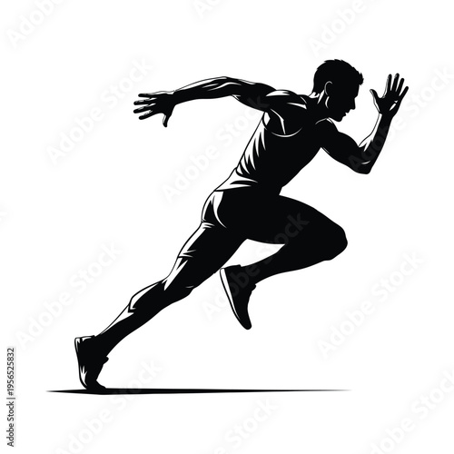 Silhouette of a male athlete in mid-sprint, showcasing determination and motion against a stark white background