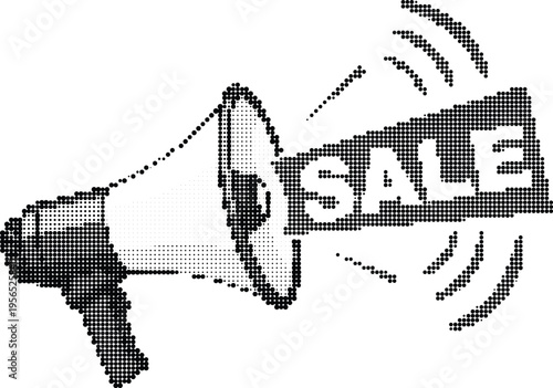 A black and white halftone style megaphone graphic featuring the word sale for marketing design Vector