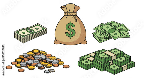 Cartoon illustration depicting money cash coins and a full bag