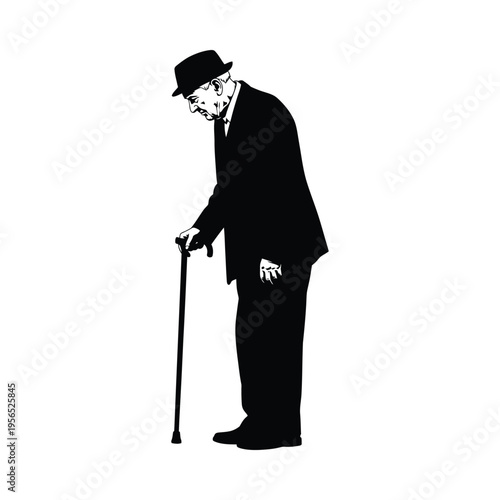 Elderly man in suit and bowler hat walking with a cane, vintage silhouette illustration
