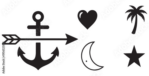 Set of black silhouette symbols including anchor, arrow, heart, moon, palm tree, and star on white background.