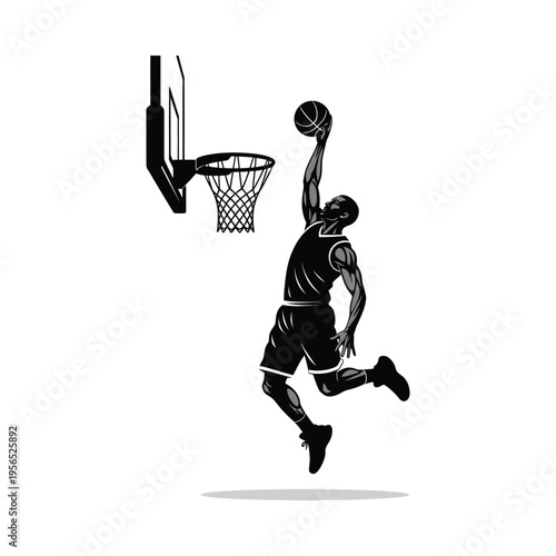 Dynamic black and white illustration of a basketball player executing a powerful slam dunk