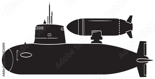 Submarine with a missile on top, black and white vector illustration, military vessel, underwater warfare concept.