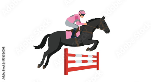 A jockey on a black horse jumps over a red and white fence