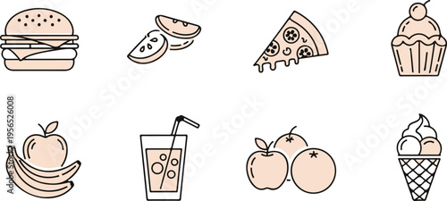 flat lay collection of fast food and healthy snacks with drink and dessert icons