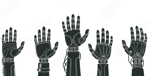 Set of five robotic hands, bionic prosthetics, and cybernetic limbs, representing artificial intelligence and future technology.