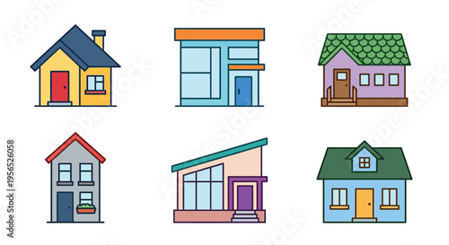 Colorful cartoon illustration of six different house designs