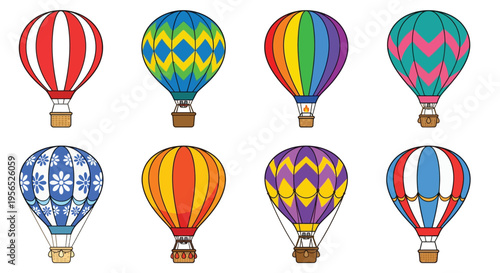 Colorful hot air balloons arranged in a grid pattern on a white background