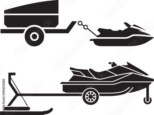 Set of personal watercraft (jet ski) illustrations on trailers for transport and storage.
