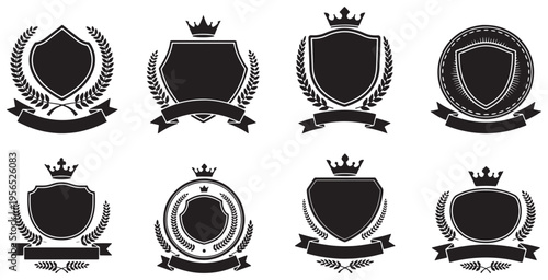 Collection of eight elegant black and white heraldic shields with crowns, laurels, and banners, perfect for emblems and logos.