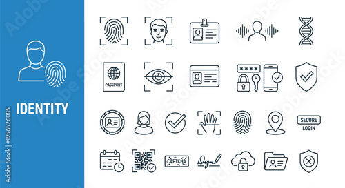 Digital identity and security concepts illustrated with line icons