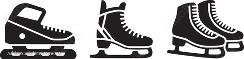 Set of three flat vector silhouettes of inline roller skates, figure skates, and ice hockey ska