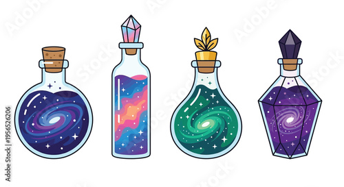 Four decorative glass bottles filled with colorful galactic potion designs
