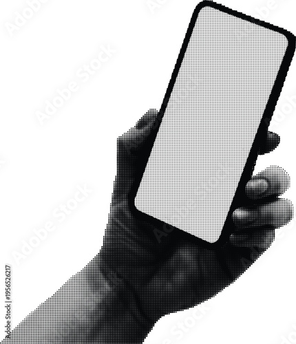 A halftone style illustration of a human hand holding a blank smartphone screen on white background Vector