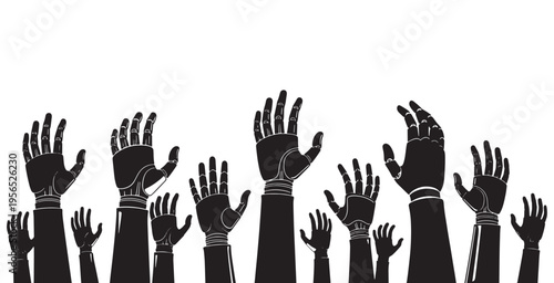 Raised hands, some robotic, symbolizing unity, technology, and human connection in a modern society.