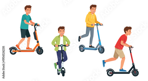 Four young men riding electric scooters in various poses and colors