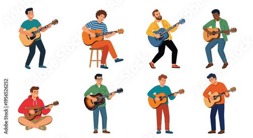 Diverse group of men playing acoustic guitars in a colorful illustration