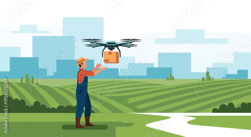 Technological integration modernizing agriculture with drone delivering package to farmer in field