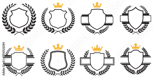 Set of eight vintage heraldic shields with crowns and laurel wreaths, perfect for emblems, logos, and badges.