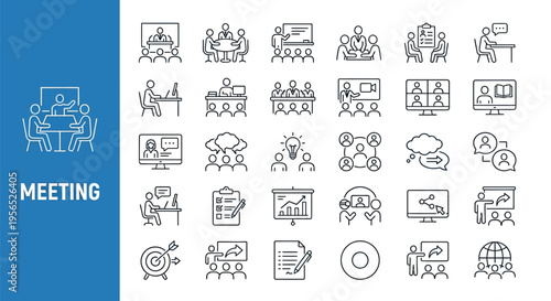 Meeting and collaboration line icons diverse business and teamwork concepts