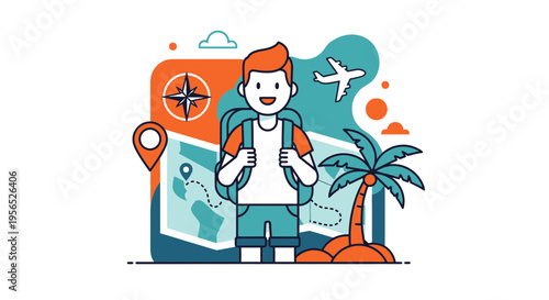 Traveler with backpack embarks on an adventure with compass map and tropical destination awaiting