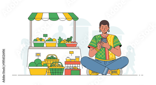 Trendy Vendor Using a Mobile Device at a Colorful Outdoor Local Produce Market in an Urban Setting