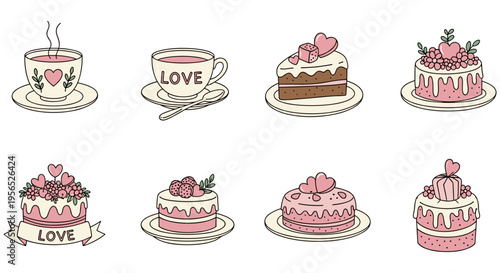 Set of cute desserts and coffee cup with love theme in pastel pink color and hand drawn illustration style on white background for Valentines Day