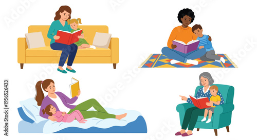 Diverse families enjoying reading together in cozy home settings