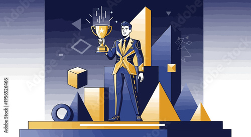 Triumphant achievement: a confident professional holding a trophy amidst success icons