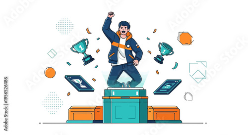 Triumphant esports gamer celebrating victory with trophies and digital awards on a podium