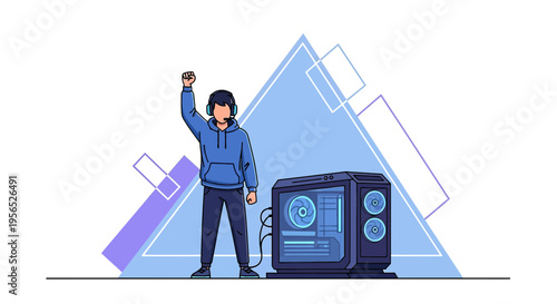 Triumphant gamer celebrates victory alongside powerful gaming pc setup with triangle background