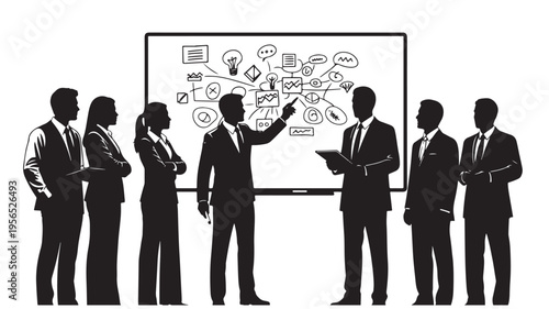 Business Executive Presenting Creative Marketing Strategy and Mind Map to Team in Corporate Meeting