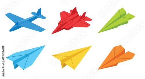 Colorful paper airplanes arranged in a playful aerial composition
