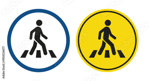 Pedestrian crossing signs in blue and yellow circular designs
