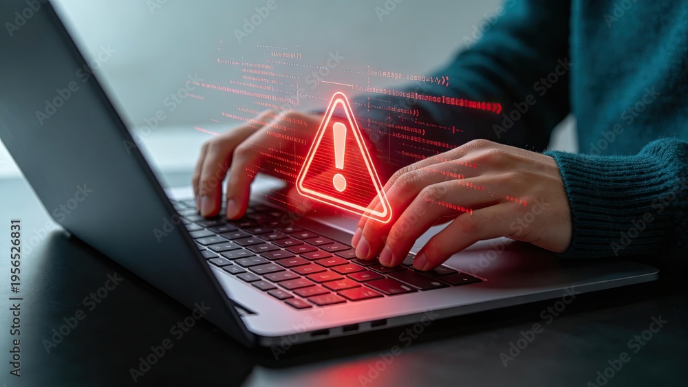 © Aiden - Cybersecurity threat alert on laptop screen hacker attack warning data breach concept digital privacy protection online security risk computer virus detection system error notification