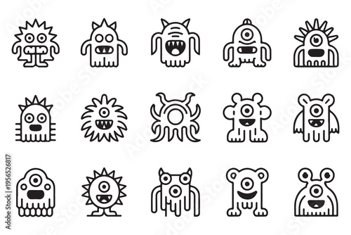 Collection of cute cartoon monster and alien line icons