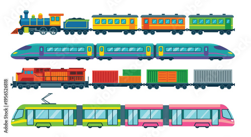 Colorful illustration depicting a variety of trains including steam and modern designs