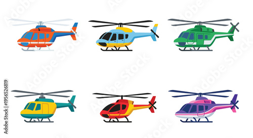 Colorful cartoon helicopters arranged in a grid formation side view