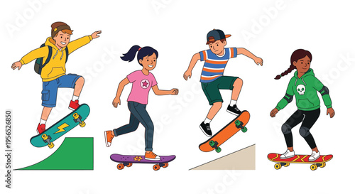 Four children joyfully skateboarding and jumping on ramps outdoors
