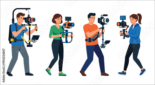 Four filmmakers operating camera stabilizers and monitoring equipment