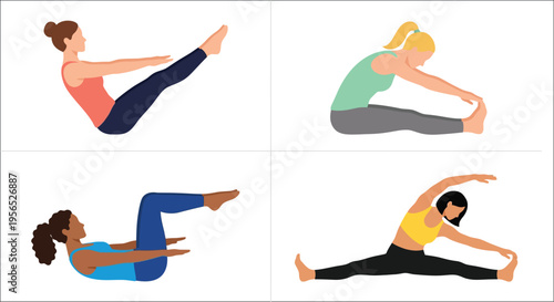 Four illustrations of women demonstrating different yoga and pilates poses
