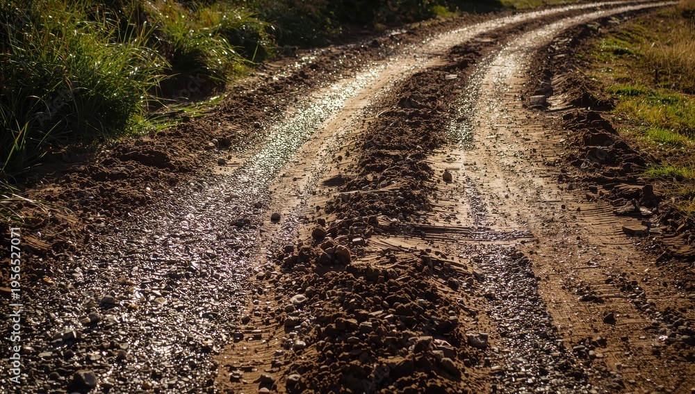 Naklejka premium Marks from tires on a dirt path, gravel, and grass nearby.