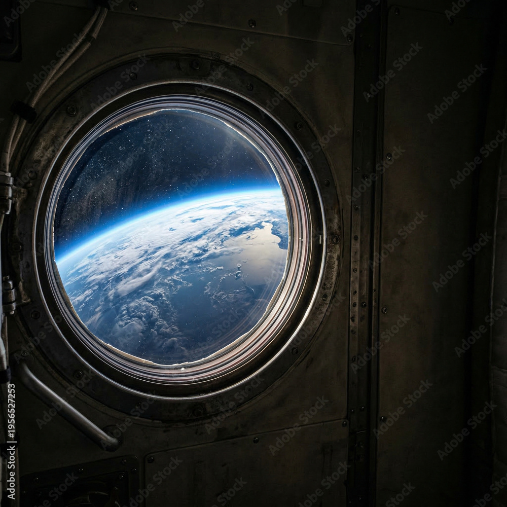 Naklejka premium Earth view from spacecraft window showing blue and white planet 