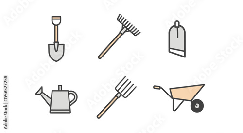 A detailed, flat vector set depicting essential gardening tools, including a shovel, rake, watering can, pitchfork, wheelbarrow, and trowel, arranged on a crisp white background for conceptu