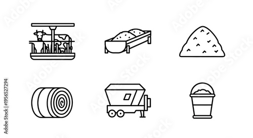 Minimalist black and white farm icons with various elements conveying agriculture, including cattle in a stall, feed troughs, piles of grain, hay bales, feed mixer, and a bucket, showcasing 