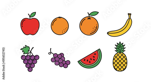 A vibrant assortment of various fresh fruits illustrated in a minimalist, flat design style. The collection is isolated against a clean white backdrop, creating a healthy food concept.