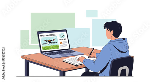 Student studies modern agricultural technology with spraying drones for farming revolution