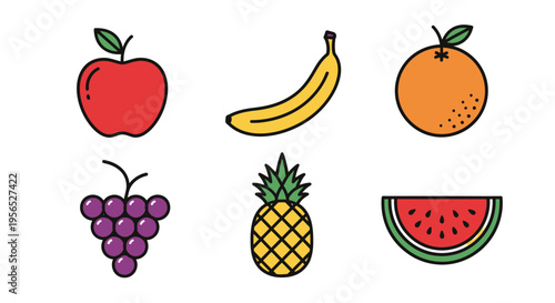 A vibrant assortment of six popular fresh fruits a red apple, curved yellow banana, orange, purple grapes, pineapple, and watermelon slice, designed in a clean, colorful, and minimalist vect
