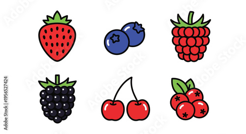 A vibrant and cheerful set of six stylized, vector-based berry icons, featuring a strawberry, blueberries, raspberry, blackberry, cherries and cranberries, perfect for food design elements.